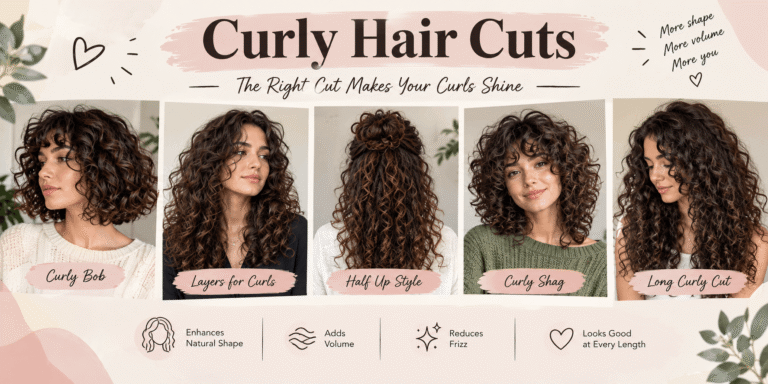 Realistic curly haircuts featuring a curly bob, layered curls, half-up curly style, curly shag, and long defined curls.
