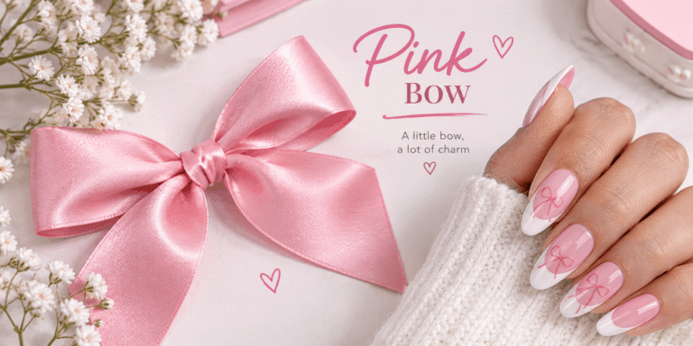 Realistic pink satin bow beside glossy pink and white nails featuring delicate bow designs.