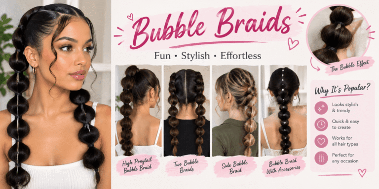 Realistic bubble braid hairstyles featuring a high ponytail, twin bubble braids, a side bubble braid, and an accessorized bubble braid.