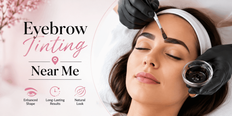 Eyebrow tinting treatment at a beauty salon with a technician applying eyebrow tint