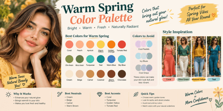 Warm Spring color palette featuring coral, peach, golden yellow, olive green, turquoise, teal, and warm neutral shades