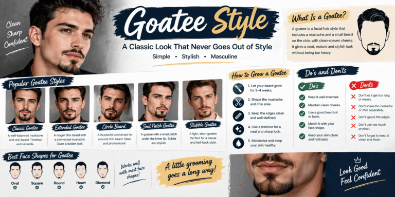Goatee style for men featuring classic, extended, circle beard, soul patch, and stubble goatee looks