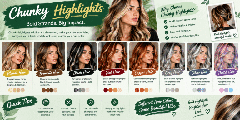 Chunky highlight ideas for blonde, brunette, black, red, copper, gray, silver, and pastel hair colors