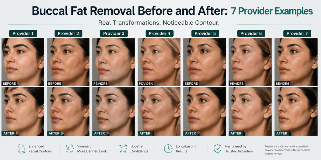 Buccal fat removal before and after showing 7 provider examples with visible facial contour changes