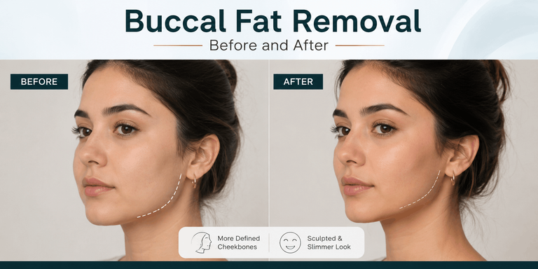 Buccal fat removal before and after showing a slimmer and more defined facial contour