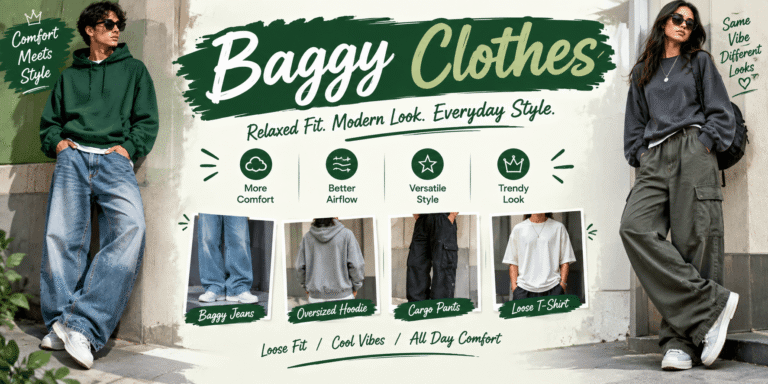 Baggy clothes featuring oversized hoodies, loose T-shirts, baggy jeans, and cargo pants for a relaxed streetwear look