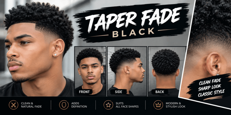 Taper fade black haircut with clean fade and stylish curly hair from front, side, and back views