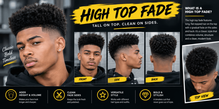 High top fade haircut on a Black man showing a tall textured top with clean faded sides and back