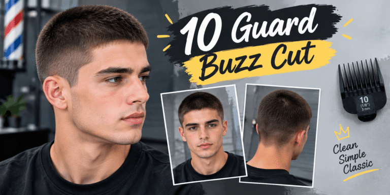 10 guard buzz cut hairstyle showing a short, even haircut from front, side, and back views
