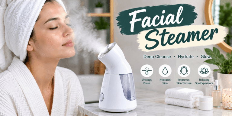 Facial steamer releasing warm mist toward a woman’s face during a relaxing skincare routine