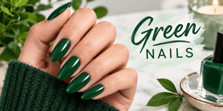 Dark Green nails featuring glossy emerald green manicure in a stylish beauty setting