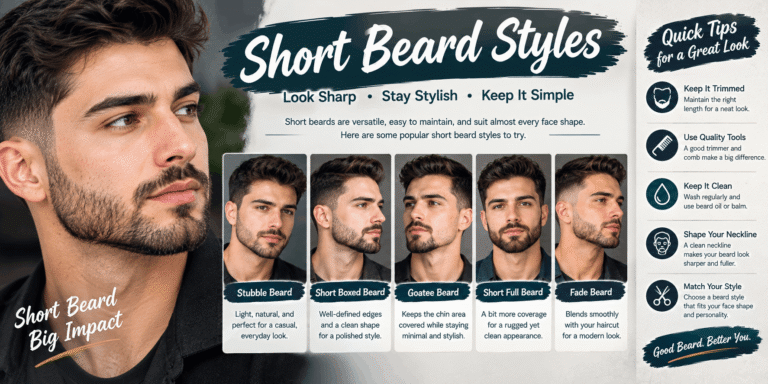 Short beard styles including stubble, short boxed beard, goatee, short full beard, and fade beard