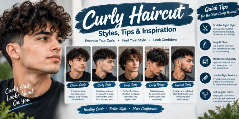 Curly haircut styles including classic curly, curly fade, long curly, curly fringe, and tapered curly hairstyles