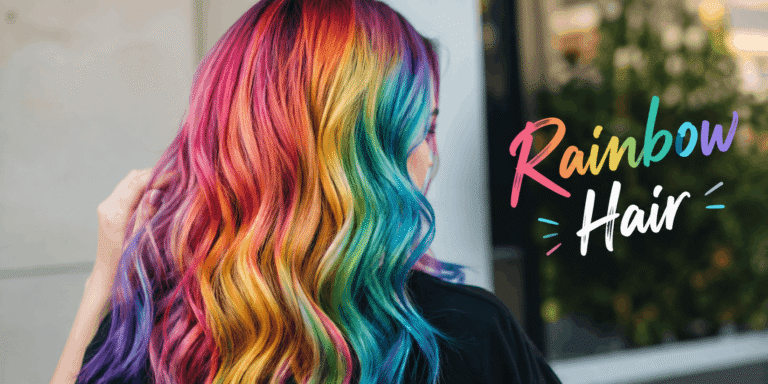Rainbow hair with vibrant multicolored waves in a realistic hairstyle