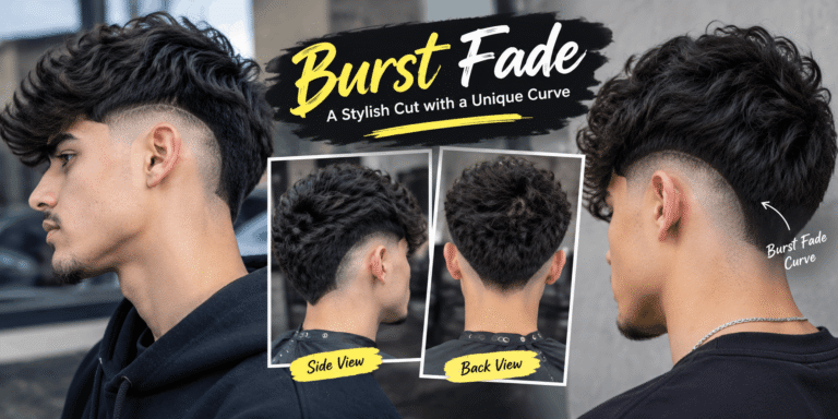 Burst fade haircut with a clean curved fade and textured top
