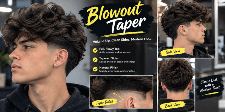 Blowout taper haircut with voluminous textured hair and clean tapered sides