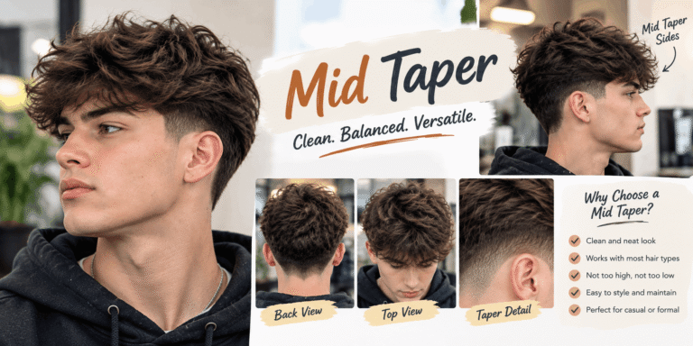 Mid taper haircut with textured brown hair and clean tapered sides