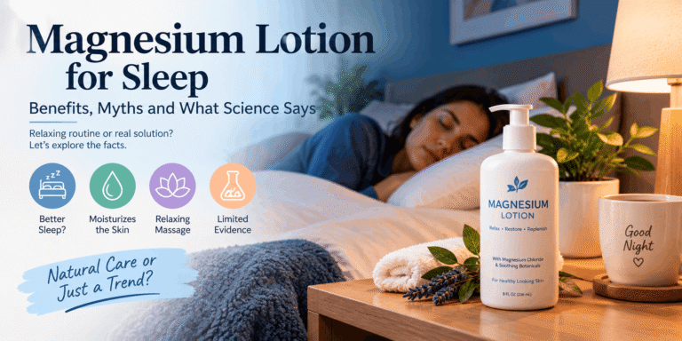 Magnesium lotion bottle on a bedside table in a cozy bedroom, highlighting potential sleep benefits, skin moisturization, relaxing massage, and limited scientific evidence.