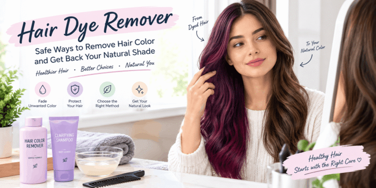 Hair dye remover guide showing a woman with burgundy and natural brown hair, clarifying shampoo, and hair care products.