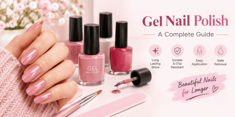 Pink gel nail polish bottles and glossy pink manicured nails with manicure tools.