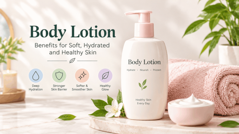 Body lotion bottle with a moisturizing cream, pink towel, flowers, and skincare benefits for soft, hydrated skin.