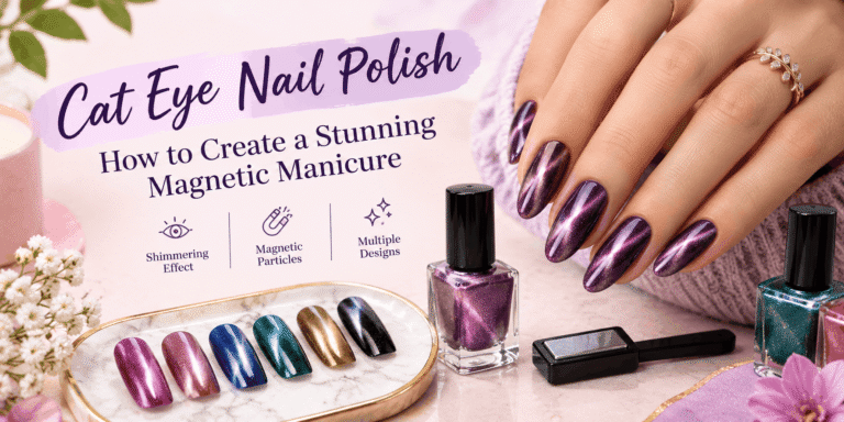 Cat eye nail polish featuring glossy purple magnetic nails, colourful nail swatches, polish bottles, and a magnetic nail art tool.