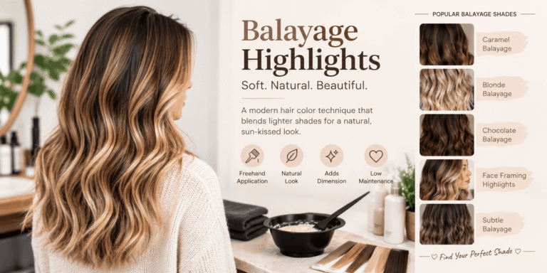 Different balayage highlights styles featuring caramel, blonde, and chocolate tones on wavy hair