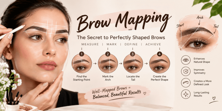 Brow mapping techniques for achieving balanced eyebrow proportions, defining the natural arch, and creating a symmetrical brow shape.
