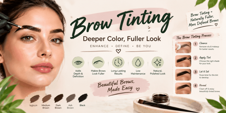 Brow tinting techniques for enhancing eyebrow color, improving definition, creating a fuller-looking appearance, and achieving a polished brow shape.