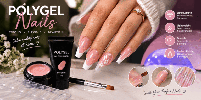 Close-up of glossy pink polygel nails with floral nail art, polygel gel products, brush, and nail extension tips on a beauty table.