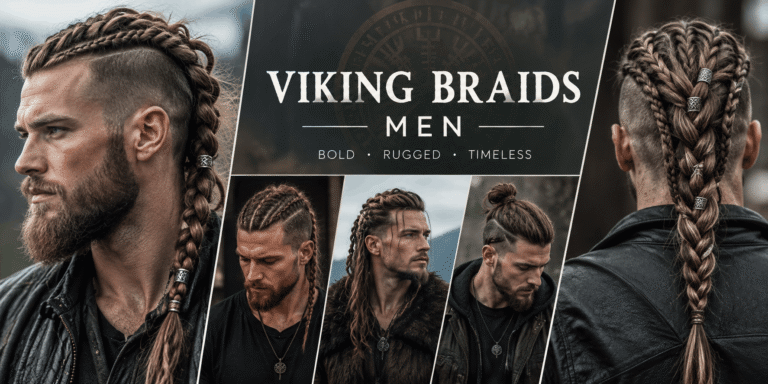 Rugged men with long Viking-inspired braids, braided mohawks, undercut styles, and long textured hair in a cinematic editorial collage.