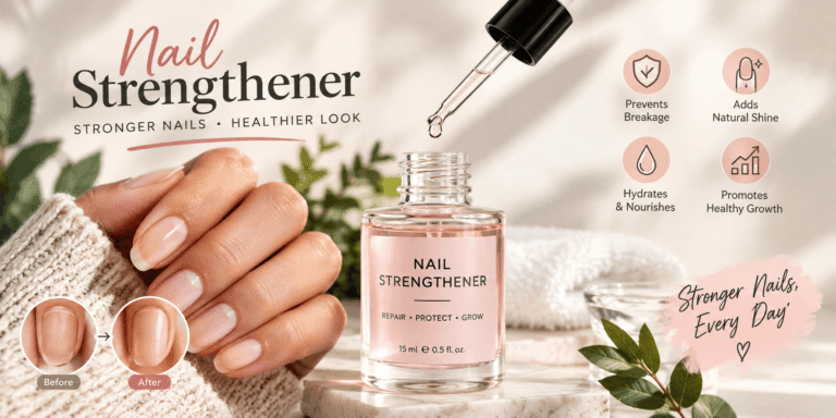 Nail strengthener bottle beside a hand with natural glossy nails, showing a clean beauty setup with a dropper and nail-care products.