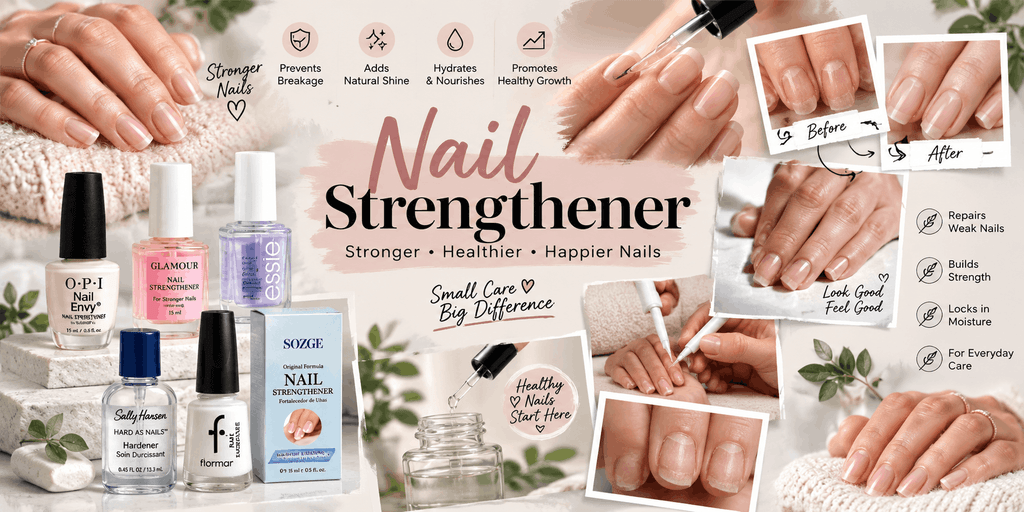Collage of nail strengthener products, natural manicures, nail-care application, and before-and-after visuals showing different nail strengthening options.