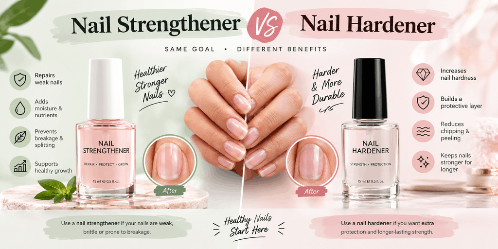Side-by-side comparison of nail strengthener and nail hardener products with healthy natural nails, product bottles, and labeled benefits.