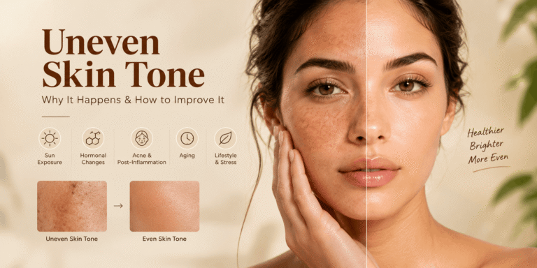 Uneven skin tone skincare infographic featuring a woman's face with visible pigmentation and a comparison of uneven and even skin tone, highlighting common causes and skincare concerns.