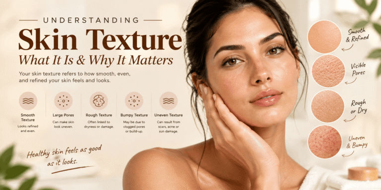 Skin texture skincare infographic featuring a woman with glowing skin and close-up examples of smooth skin, visible pores, roughness, and uneven texture.