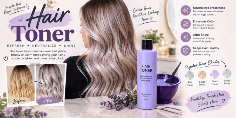 Hair toner infographic featuring glossy ash-blonde hair, a purple toner bottle, before-and-after hair comparison and popular toner shades.