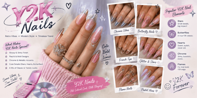 Y2K nails featuring glossy pink and chrome designs, butterflies, stars, hearts, glitter, French tips, and pastel nail art.