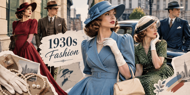 1930s fashion collage featuring vintage dresses, tailored suits, elegant hats, gloves, pearls, and classic accessories.