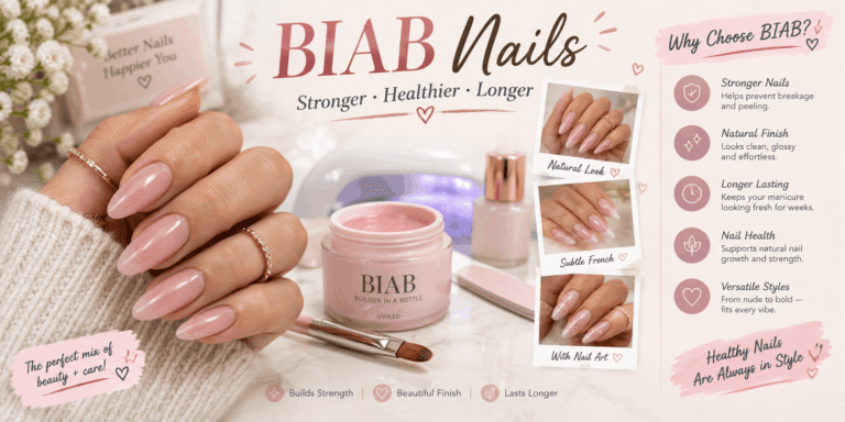 Realistic BIAB nails featuring glossy nude-pink almond-shaped nails, builder gel, manicure tools, and different BIAB nail designs.