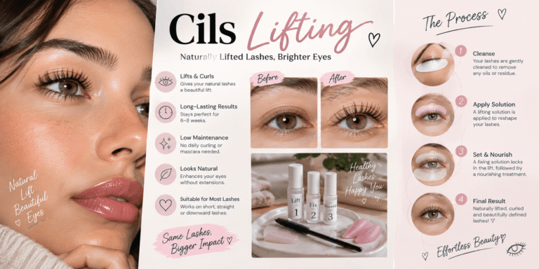Cils lifting beauty infographic showing a before-and-after lash lift, naturally curled eyelashes, lash lifting products, and the treatment process.
