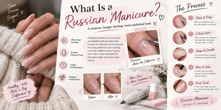 What is a Russian manicure infographic showing clean natural nails, detailed cuticle care, manicure tools, before-and-after results, and the Russian manicure process.