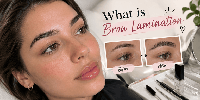 What is brow lamination infographic showing a woman with groomed brows, before-and-after brow results, brow lamination tools, and a beauty treatment setup.