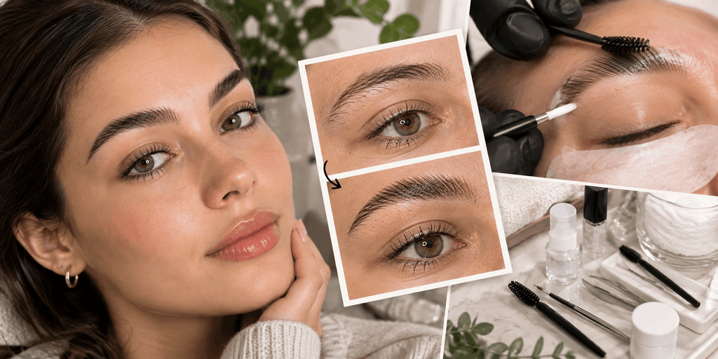 Realistic brow lamination treatment showing a woman with groomed brows, before-and-after eyebrow results, brow technician applying treatment, and professional brow tools.