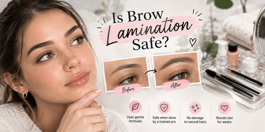 Is brow lamination safe infographic showing a woman with laminated brows, before-and-after results, professional brow treatment tools, and safety tips.