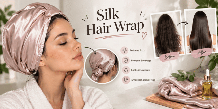 Silk hair wrap showing a woman wearing a pink satin wrap, before-and-after hair results, folded silk fabric, hair comb, and nourishing hair oil.