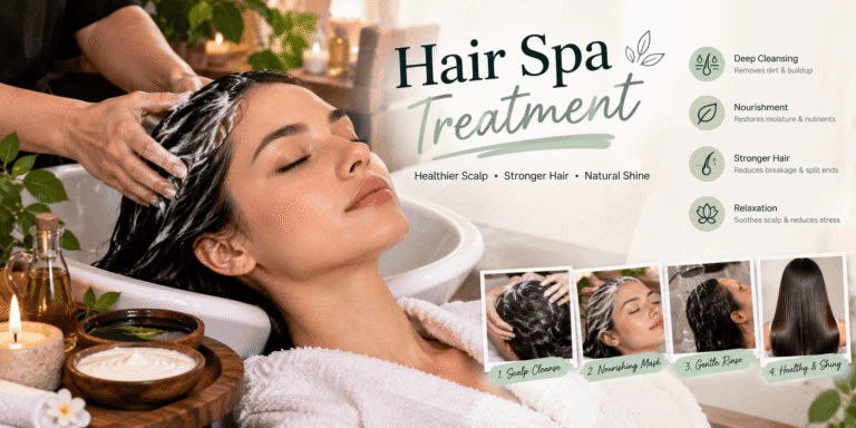 Hair spa treatment showing a woman relaxing at a salon while a therapist applies a nourishing hair mask, with spa products and treatment steps.