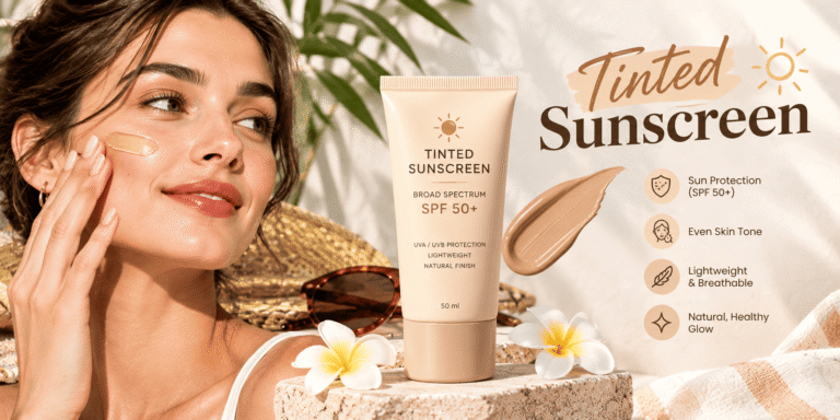 Tinted sunscreen SPF 50+ with a natural beige tint, shown beside a woman applying the product to her cheek for an even, glowing complexion.