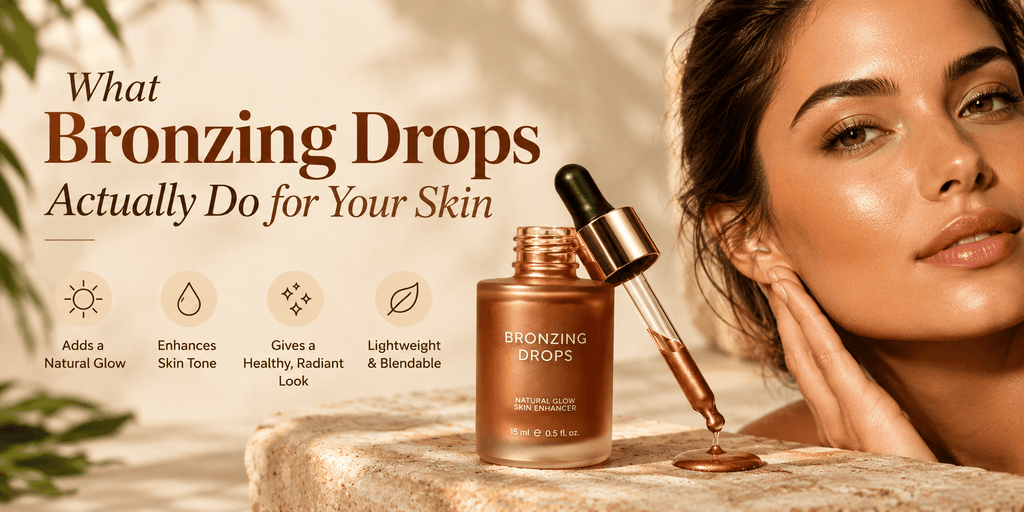 Bronzing drops skincare bottle with a golden dropper beside a woman with glowing, sun-kissed skin in a warm beige beauty setting.