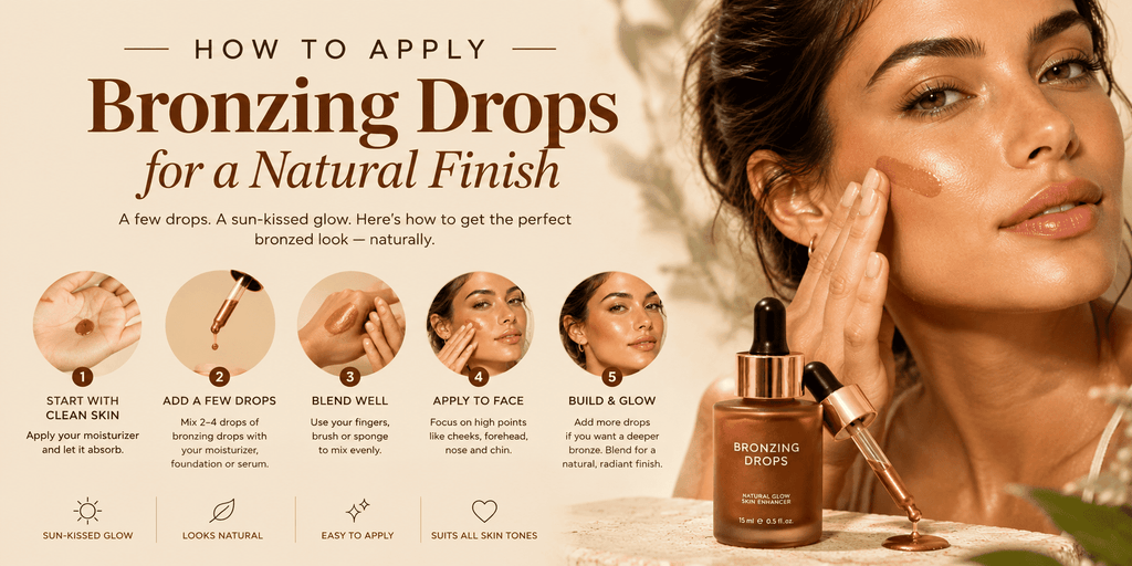 How to apply bronzing drops for a natural finish, featuring a woman blending bronzing drops into her skin with a dropper bottle and five easy application steps.